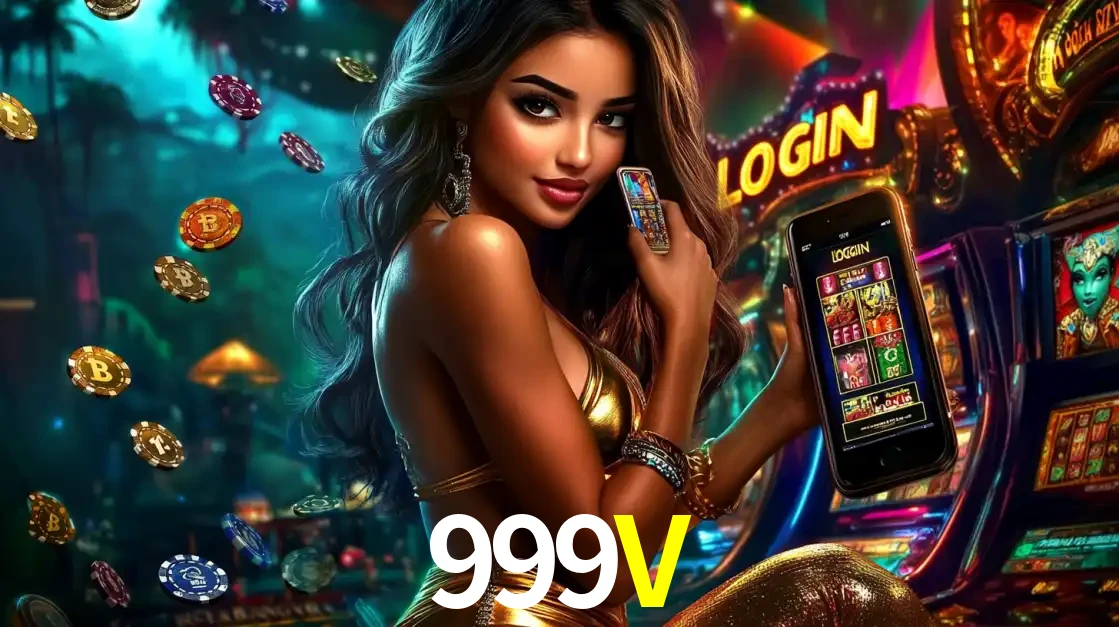 Mulher em um cenário de cassino temático de aventura, mostrando o app de caça-níqueis da 999V no celular. Fichas de apostas flutuam ao redor.
