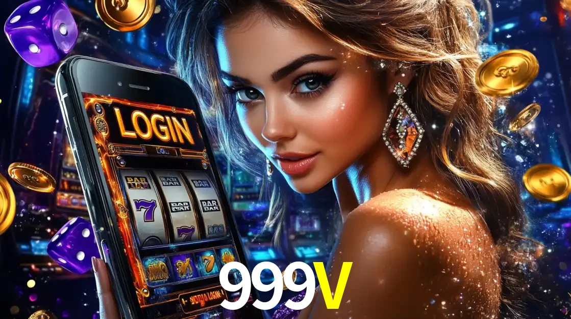 Mulher glamorosa segurando um smartphone com a tela de login para os jogos de caça-níqueis do cassino online 999V, com moedas de ouro e dados ao redor.