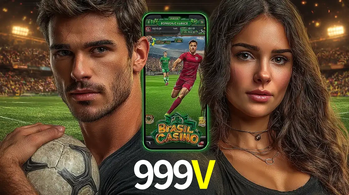 Homem segurando uma bola de futebol e uma mulher ao lado de um smartphone exibindo o jogo de apostas esportivas da 999V. Faça seu palpite no cassino online.